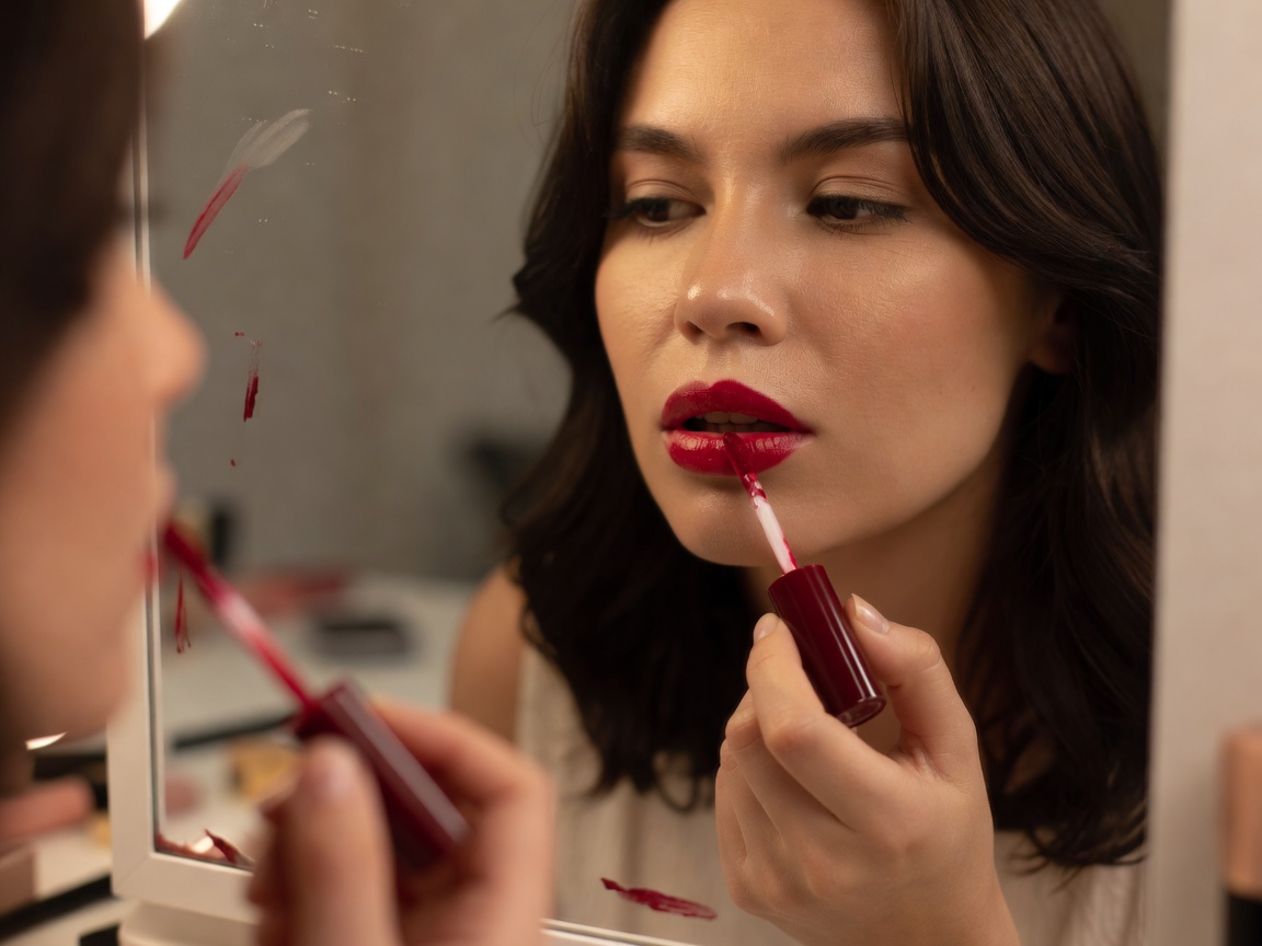 Woman pressing a deep cherry lip stain onto her lips in a mirror
