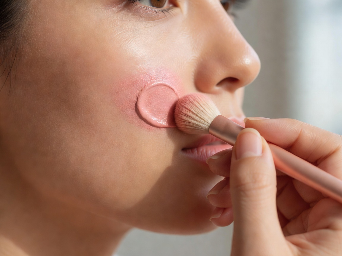 Cream blush blended high on the cheekbone in daylight