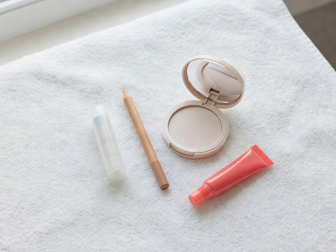 Affordable makeup products — balm, pencil, pressed powder and lip tint — laid out on a white towel in daylight