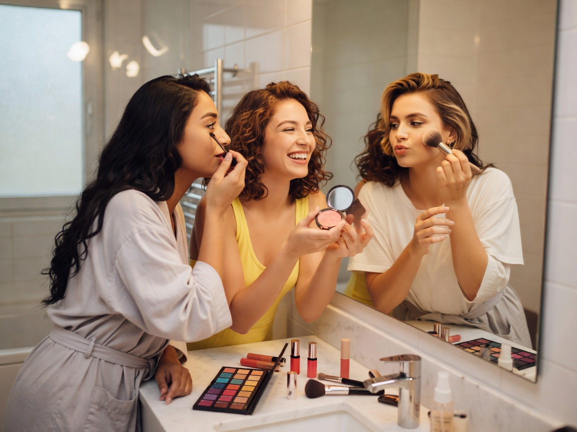 Group of friends trying makeup looks together in front of a bathroom mirror