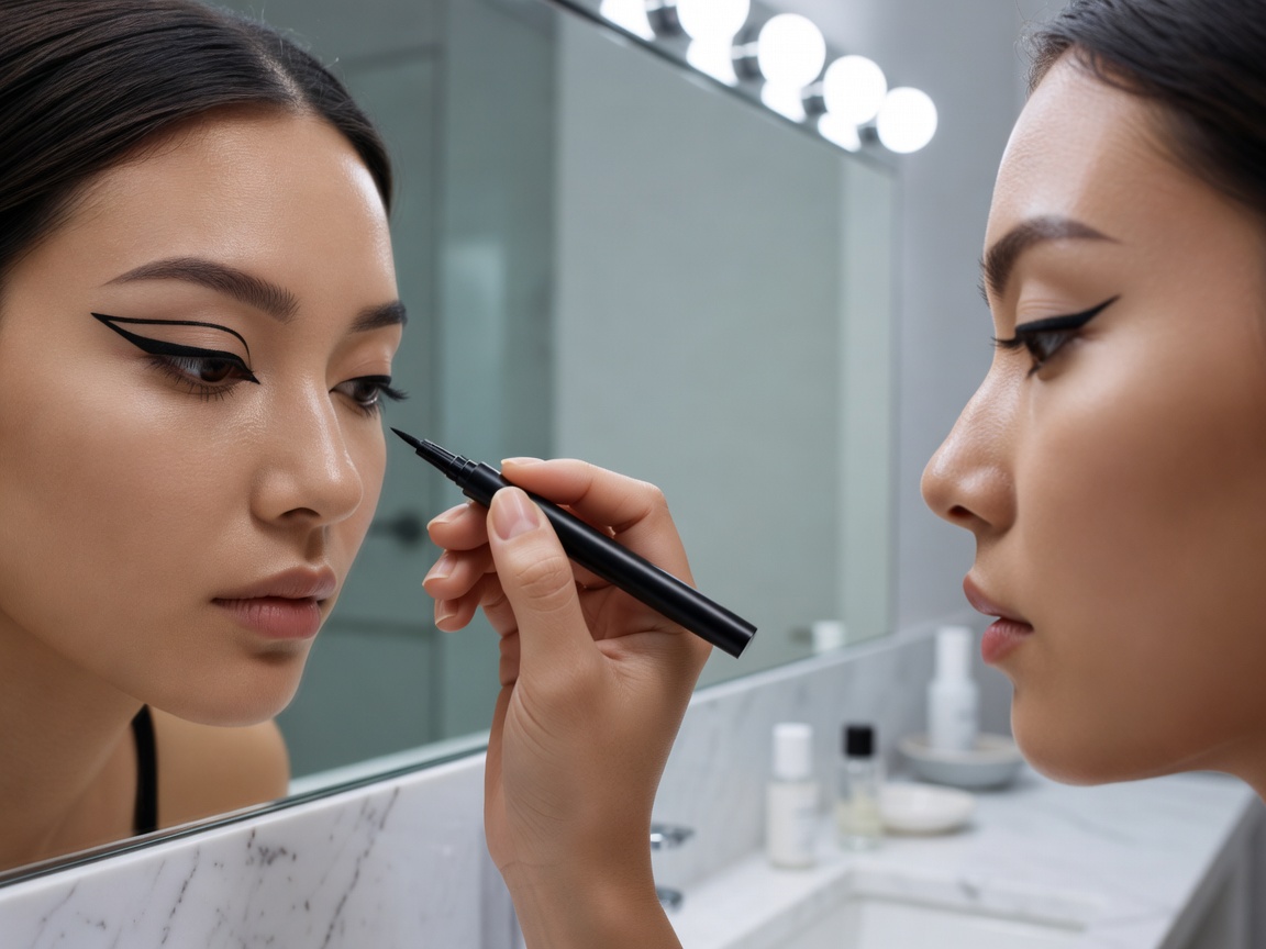 Person drawing a thin graphic eyeliner line in a bathroom mirror