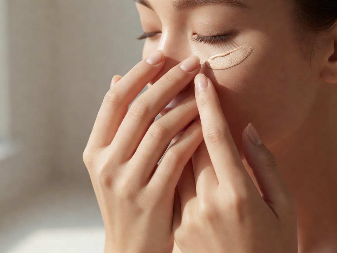 Fingertips pressing product into the skin under the eye in daylight