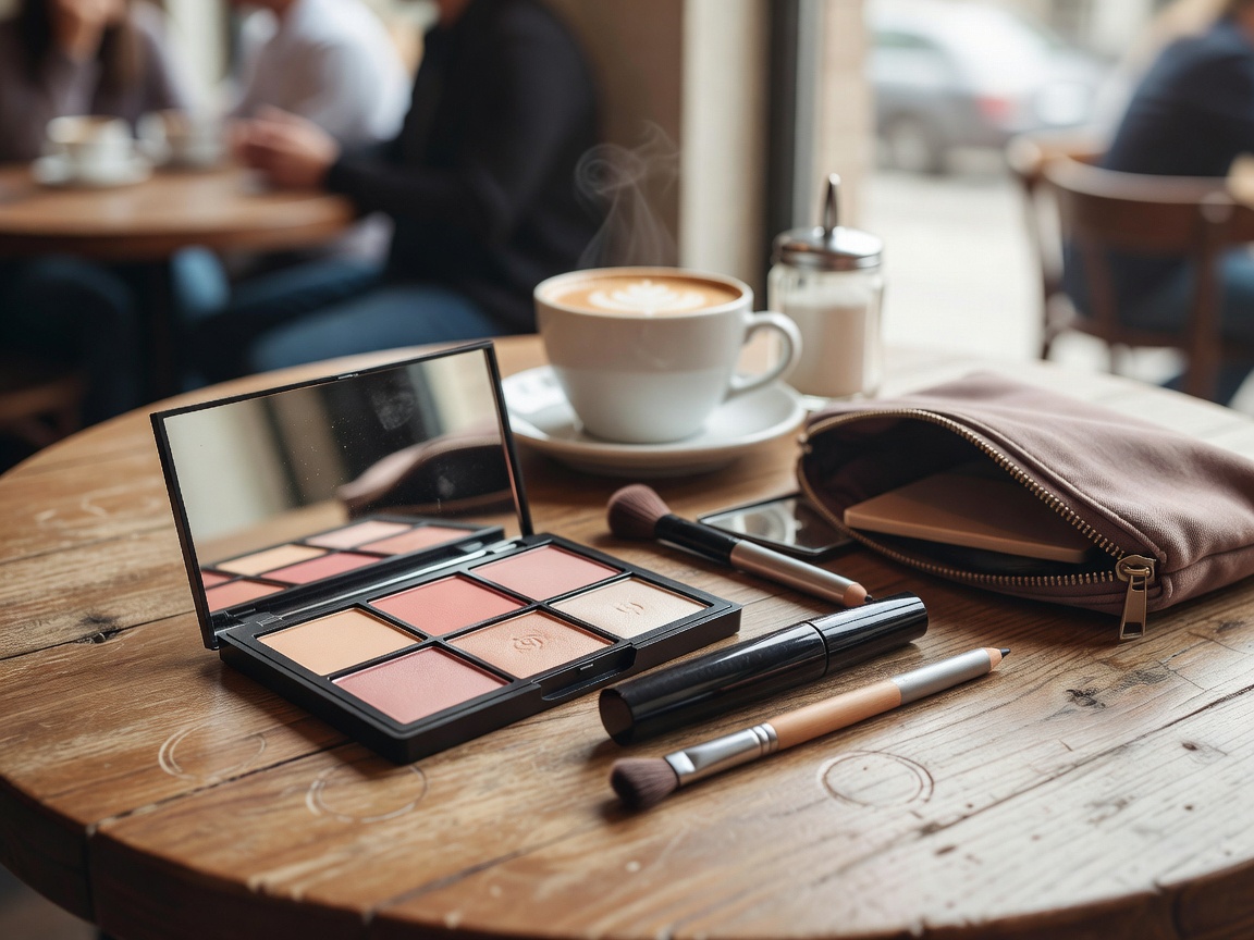 Compact makeup kit laid out on a café table for a midday touch-up