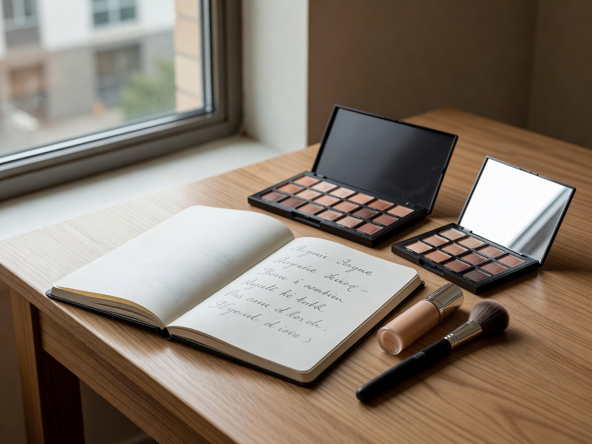 Open notebook with handwritten routine timings next to a few makeup products on a desk by a window