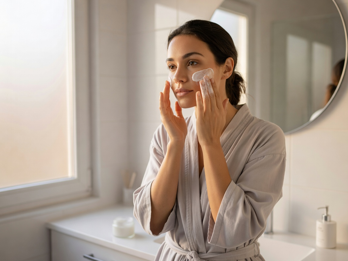 Woman smoothing moisturiser onto her cheek in a bright bathroom in the morning