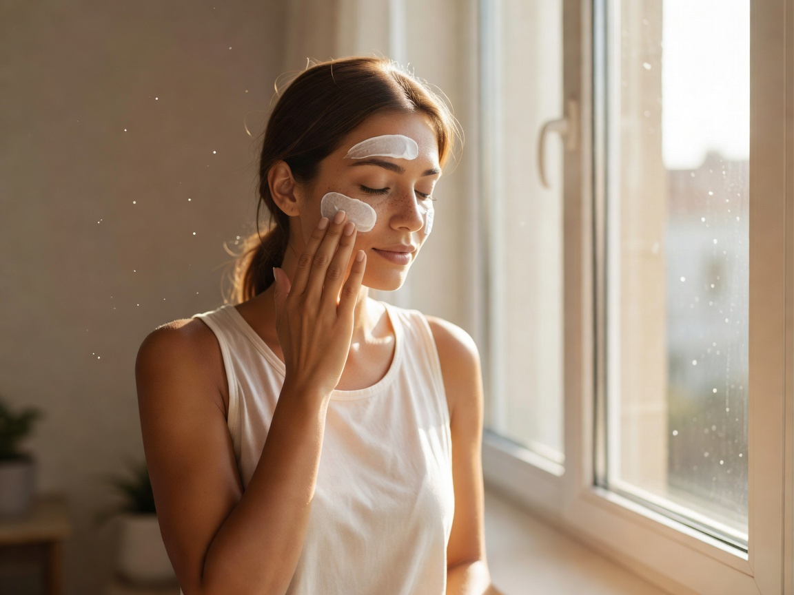 Woman applying sunscreen to her face while standing next to a bright window
