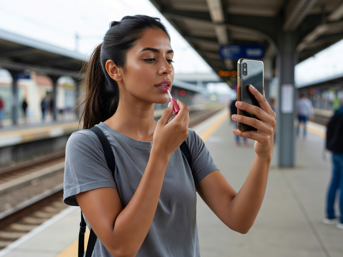 Woman applying lip tint using her phone camera as a mirror while waiting at a train platform