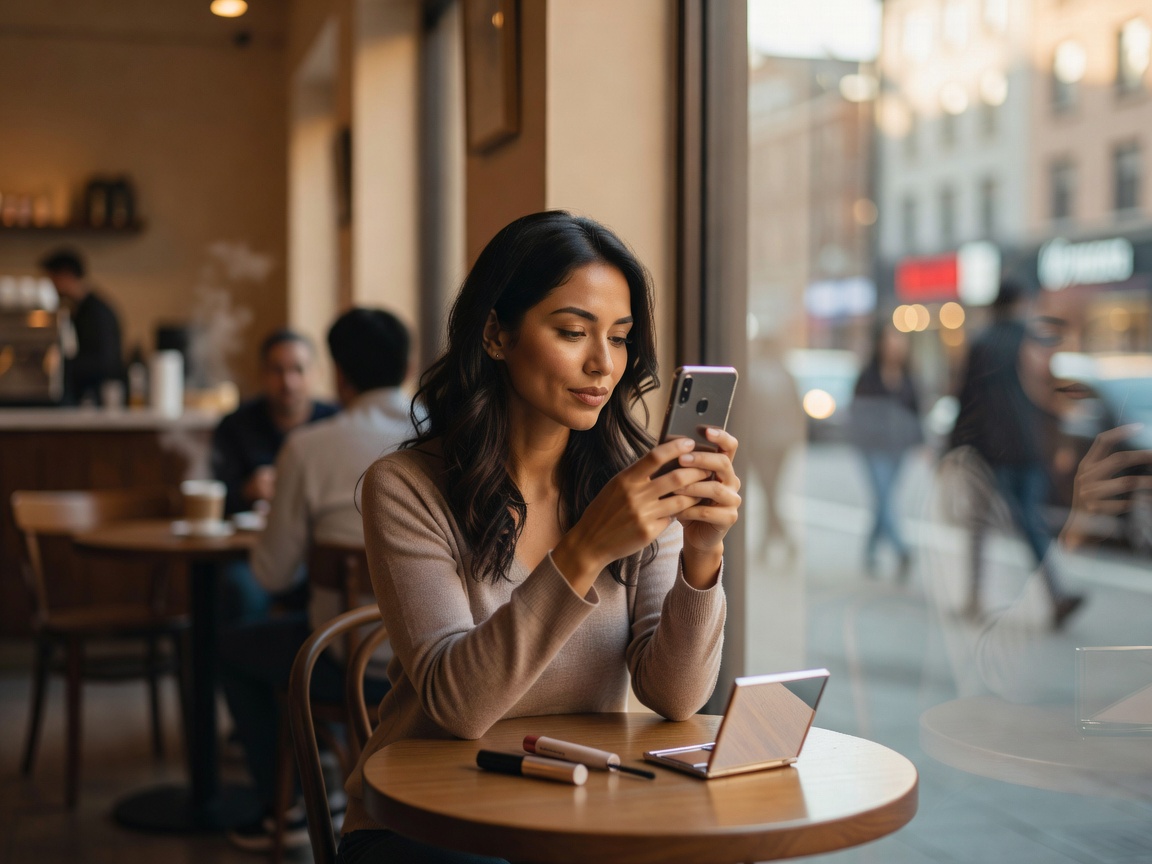 Woman checking her makeup in her phone camera while sitting by a café window