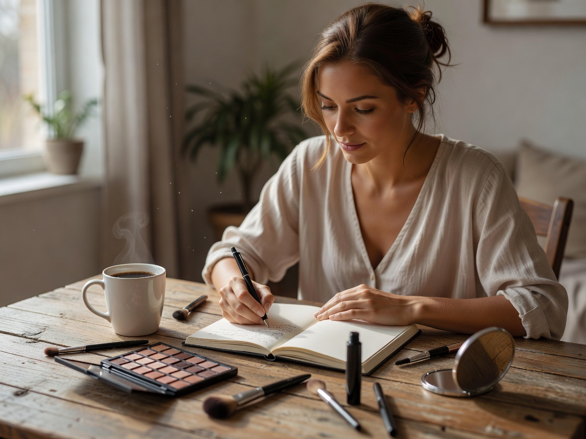 Woman writing a message in a notebook beside a cup of coffee in natural light